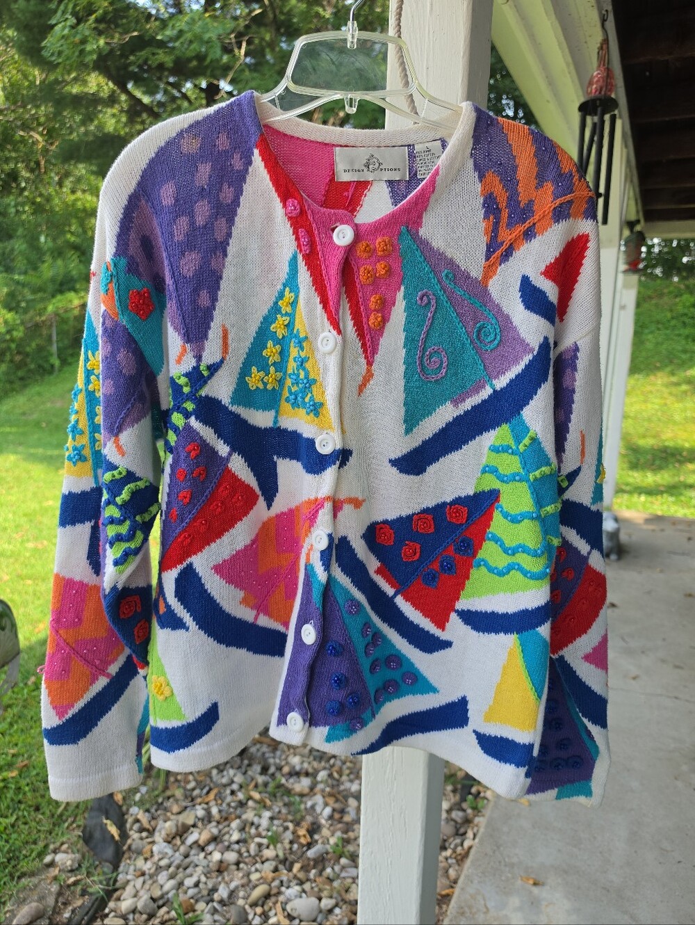 Design Options Cardigan Button Up Sweater Size Large Fun Pattern 80s with Beads